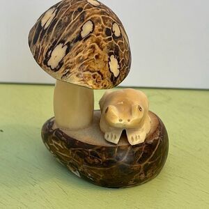 Tagus Nut mushroom and frog craved figurine. Sustainably eco friendly
